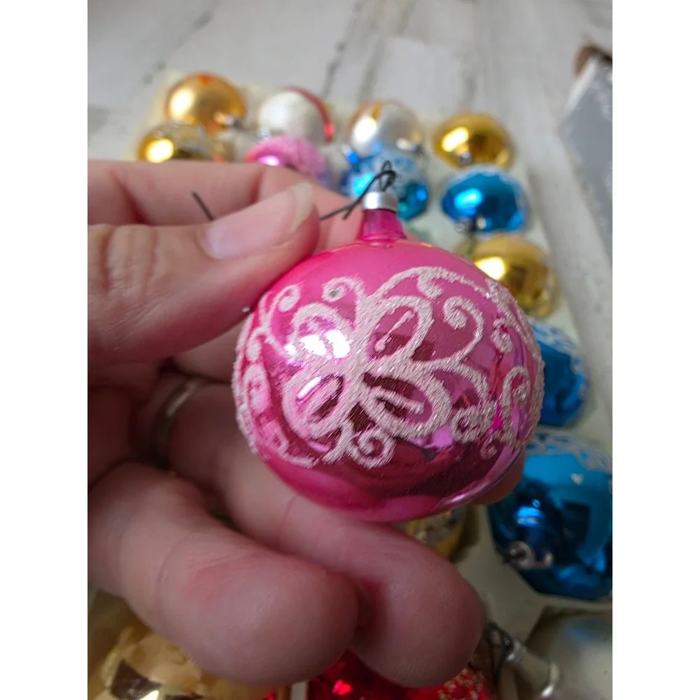 Vintage Columbia mini Mica glitter ball ornament set pink blue green red gold